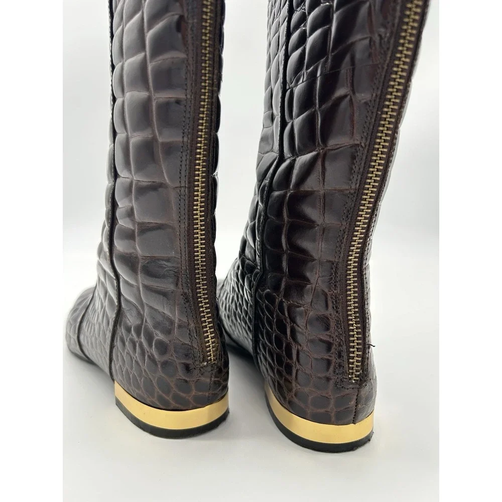 Tory Burch Brown Crocodile embossed leather riding boot Gold Heel & Logo Size‎ 7